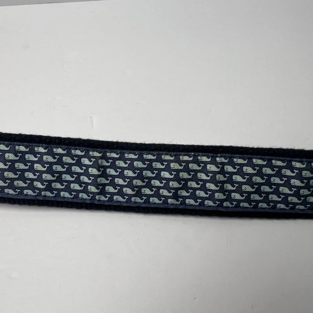 Vineyard Vines Navy Blue Whale Print Kids Belt with Brown Leather Trim